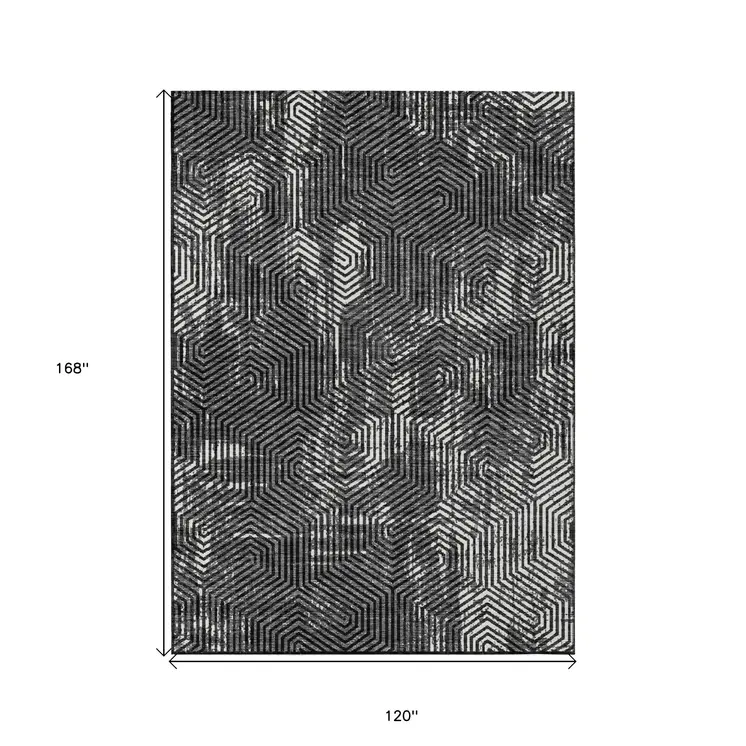 10' X 14' Black And Ivory Geometric Washable Indoor Outdoor Area Rug