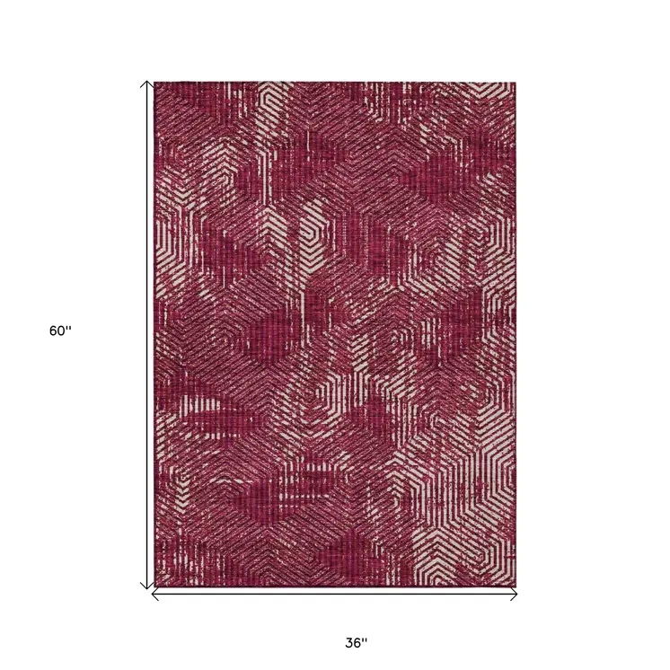 3' X 5' Burgundy And Ivory Geometric Washable Indoor Outdoor Area Rug