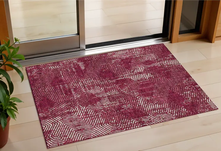 3' X 5' Burgundy And Ivory Geometric Washable Indoor Outdoor Area Rug