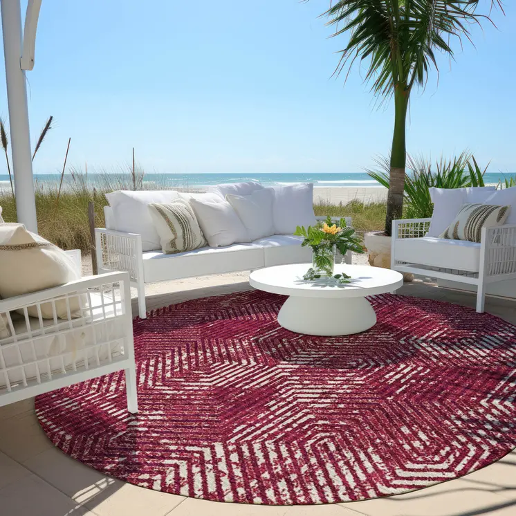 8' Burgundy And Ivory Round Geometric Washable Indoor Outdoor Area Rug