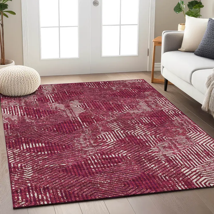 9' X 12' Burgundy And Ivory Geometric Washable Indoor Outdoor Area Rug