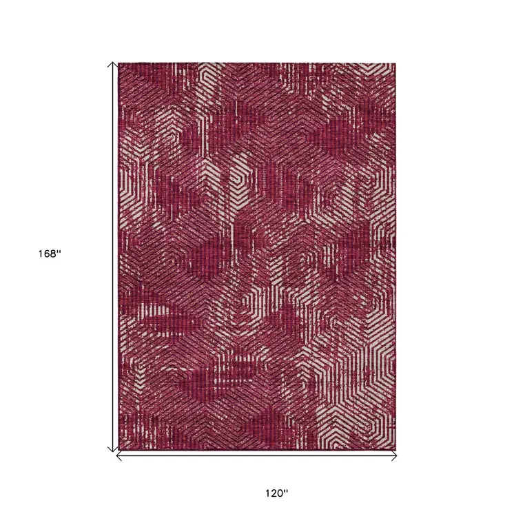 10' X 14' Burgundy And Ivory Geometric Washable Indoor Outdoor Area Rug