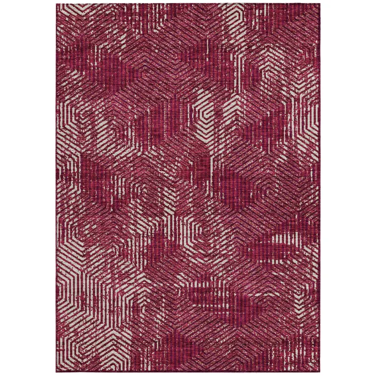 10' X 14' Burgundy And Ivory Geometric Washable Indoor Outdoor Area Rug