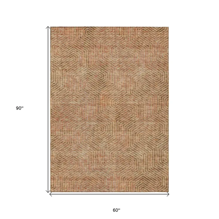 5' X 8' Copper Brown And Beige Geometric Washable Indoor Outdoor Area Rug