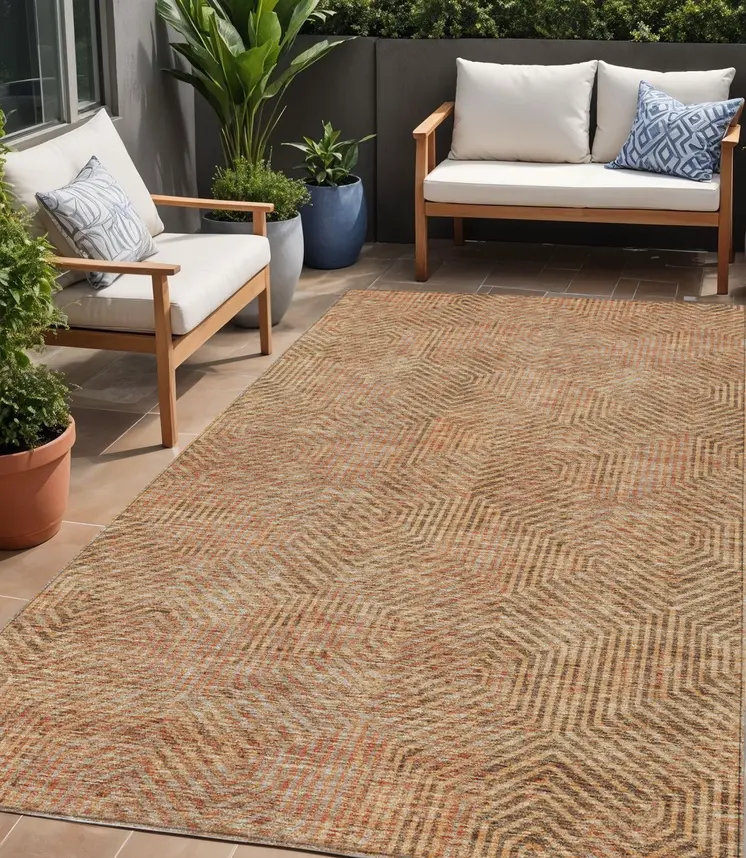 5' X 8' Copper Brown And Beige Geometric Washable Indoor Outdoor Area Rug