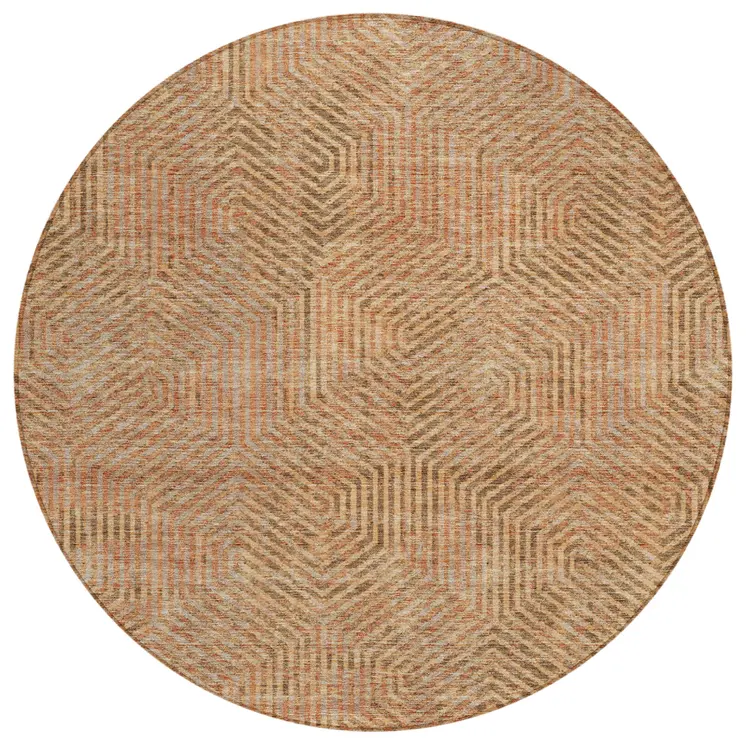 8' Copper Brown And Beige Round Geometric Washable Indoor Outdoor Area Rug