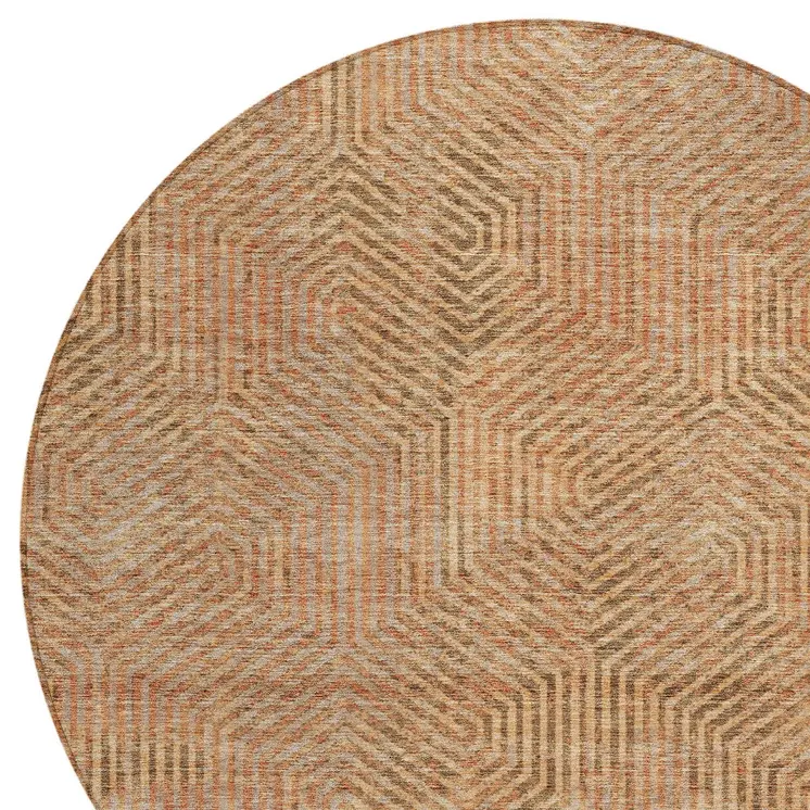 8' Copper Brown And Beige Round Geometric Washable Indoor Outdoor Area Rug