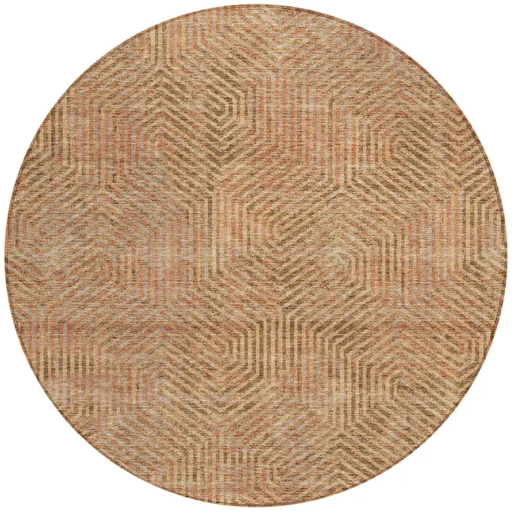 8' Copper Brown And Beige Round Geometric Washable Indoor Outdoor Area Rug