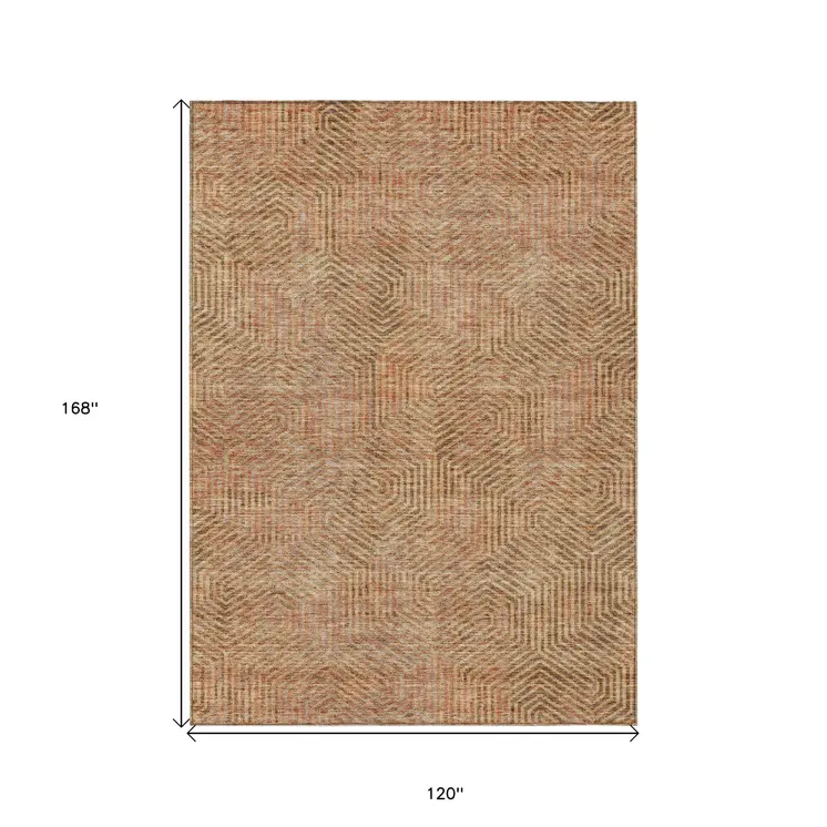 10' X 14' Copper Brown And Beige Geometric Washable Indoor Outdoor Area Rug