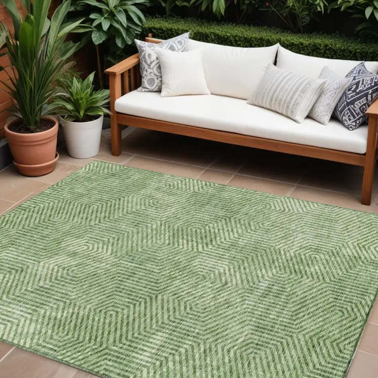 10' X 14' Green And Light Green Geometric Washable Indoor Outdoor Area Rug