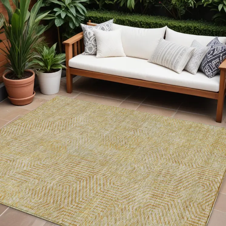 9' X 12' Gold And Beige Geometric Washable Indoor Outdoor Area Rug