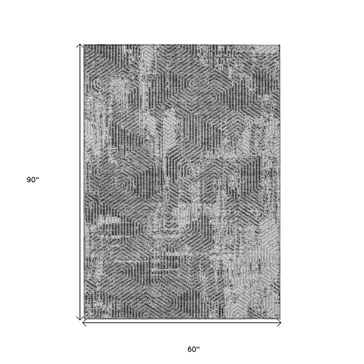 5' X 8' Gray And Charcoal Geometric Washable Indoor Outdoor Area Rug
