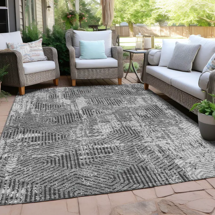 5' X 8' Gray And Charcoal Geometric Washable Indoor Outdoor Area Rug