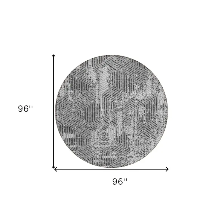 8' Gray And Charcoal Round Geometric Washable Indoor Outdoor Area Rug