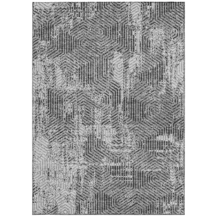 9' X 12' Gray And Charcoal Geometric Washable Indoor Outdoor Area Rug