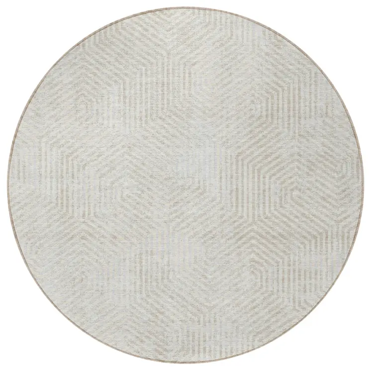8' Ivory And Gray Round Geometric Washable Indoor Outdoor Area Rug