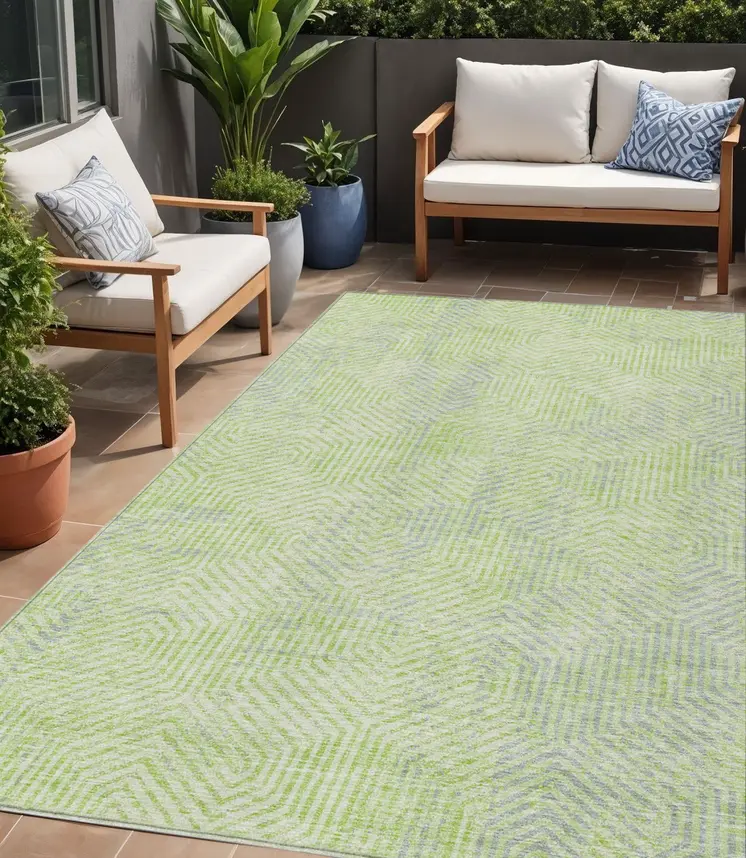 5' X 8' Lime Green Gray And Ivory Geometric Washable Indoor Outdoor Area Rug