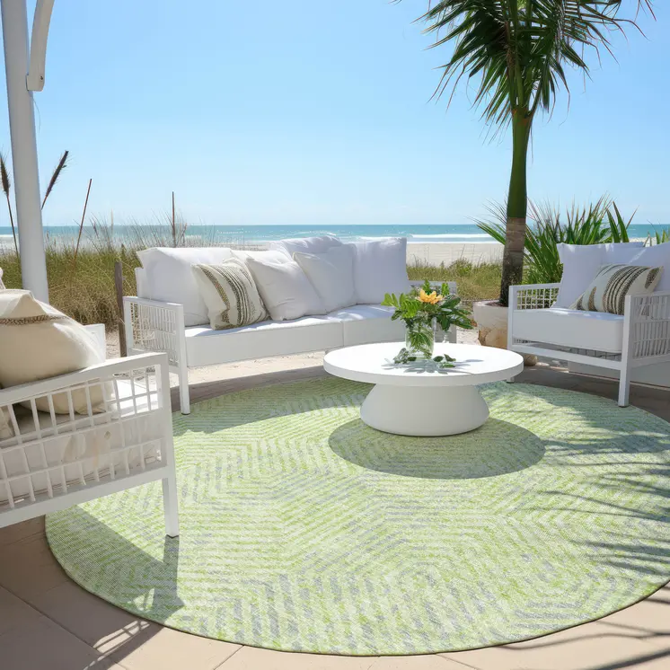 8' Lime Green Gray And Ivory Round Geometric Washable Indoor Outdoor Area Rug