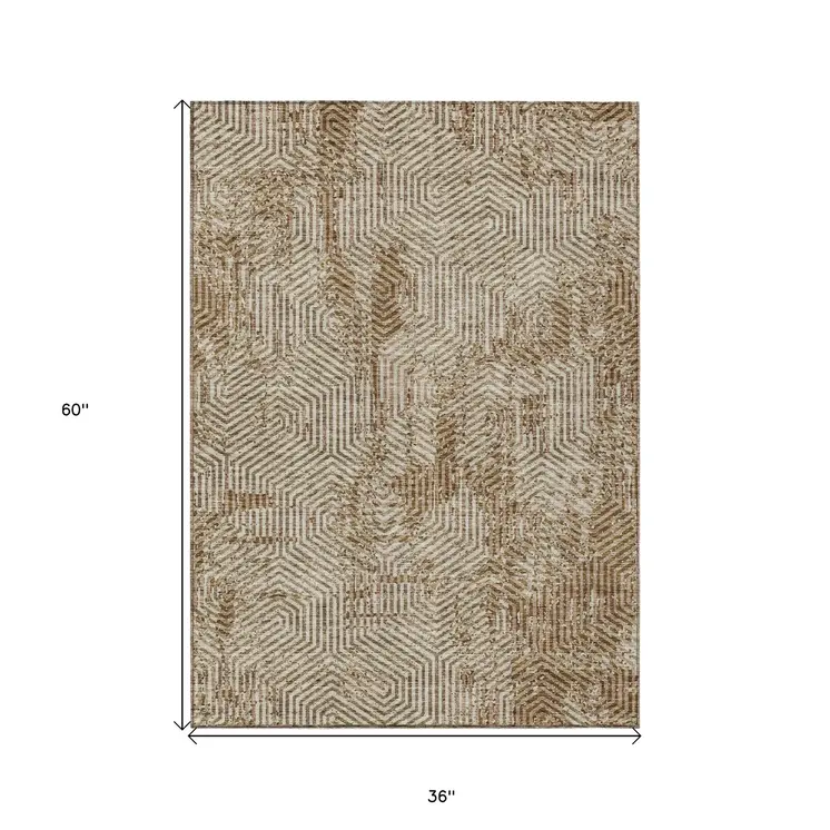 3' X 5' Brown And Beige Geometric Washable Indoor Outdoor Area Rug