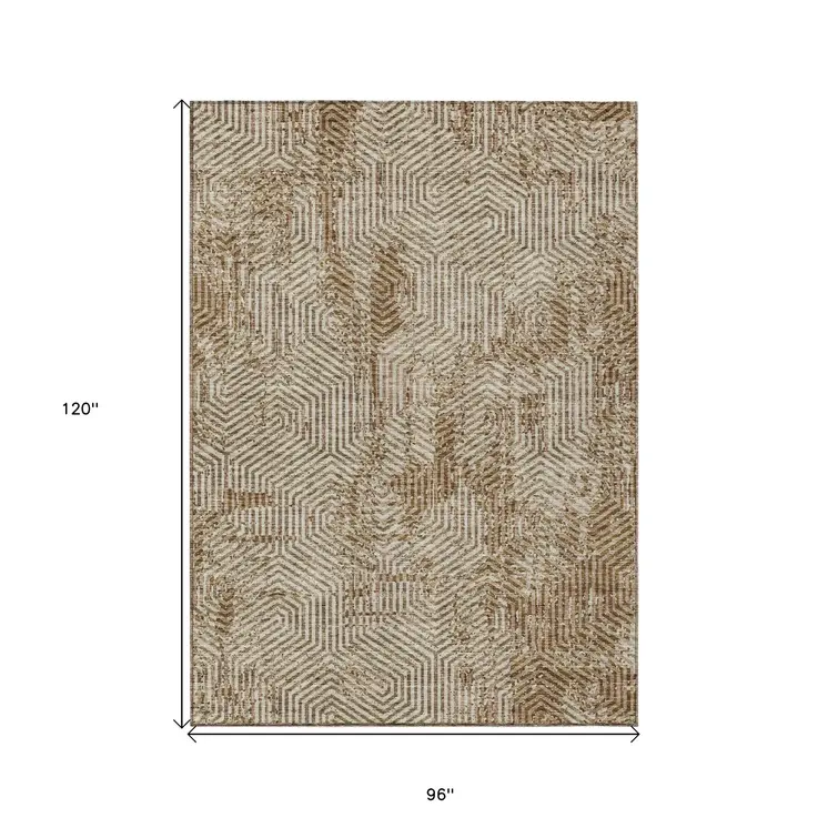 8' X 10' Brown And Beige Geometric Washable Indoor Outdoor Area Rug