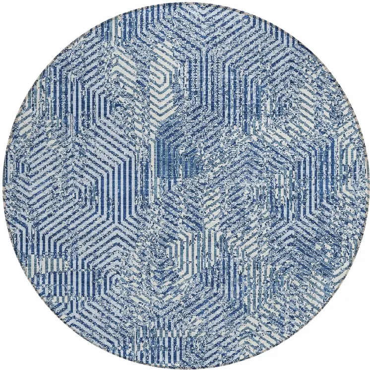 8' Navy Blue And Ivory Round Geometric Washable Indoor Outdoor Area Rug