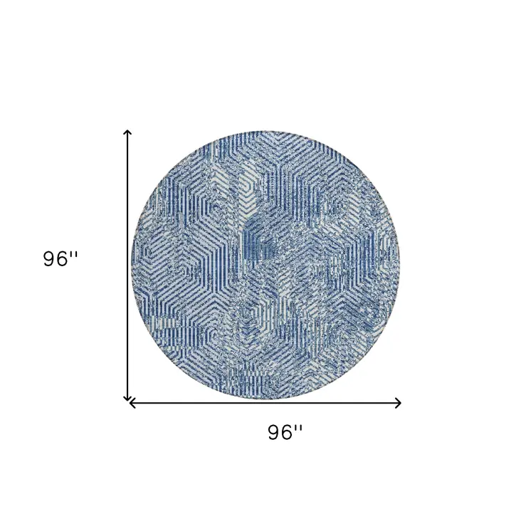 8' Navy Blue And Ivory Round Geometric Washable Indoor Outdoor Area Rug