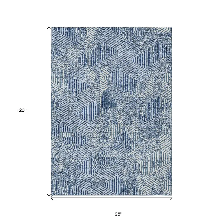 8' X 10' Navy Blue And Ivory Geometric Washable Indoor Outdoor Area Rug