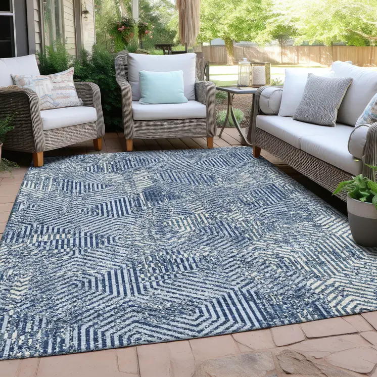 8' X 10' Navy Blue And Ivory Geometric Washable Indoor Outdoor Area Rug