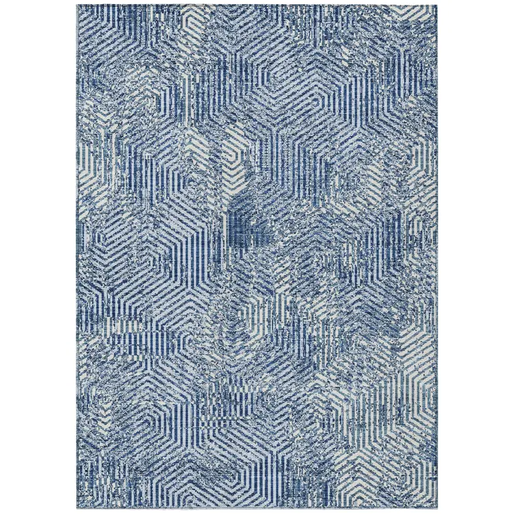 8' X 10' Navy Blue And Ivory Geometric Washable Indoor Outdoor Area Rug