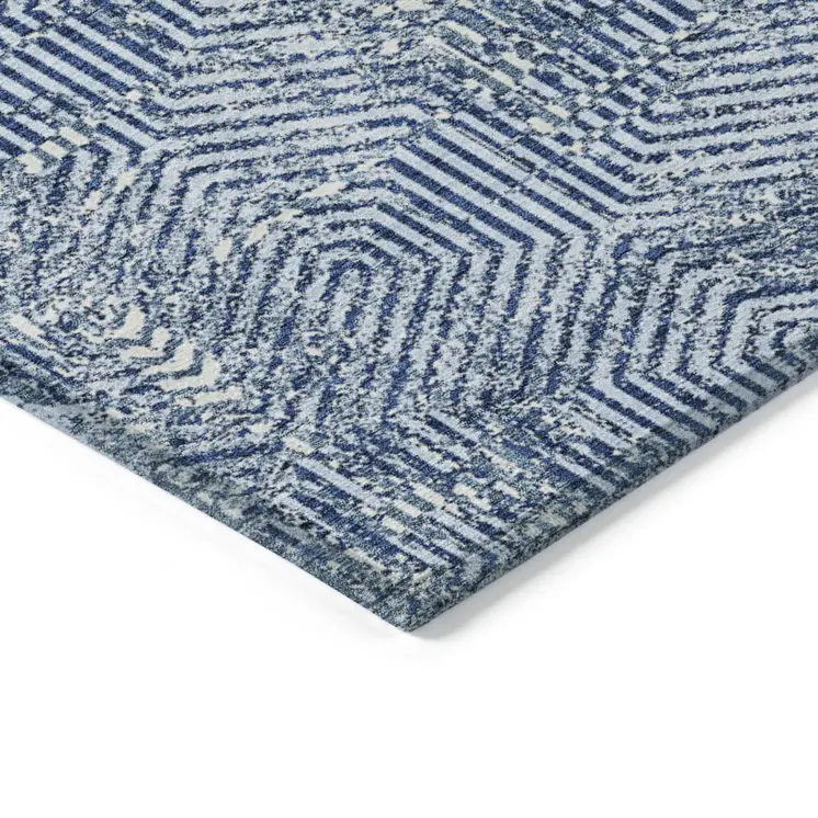 8' X 10' Navy Blue And Ivory Geometric Washable Indoor Outdoor Area Rug