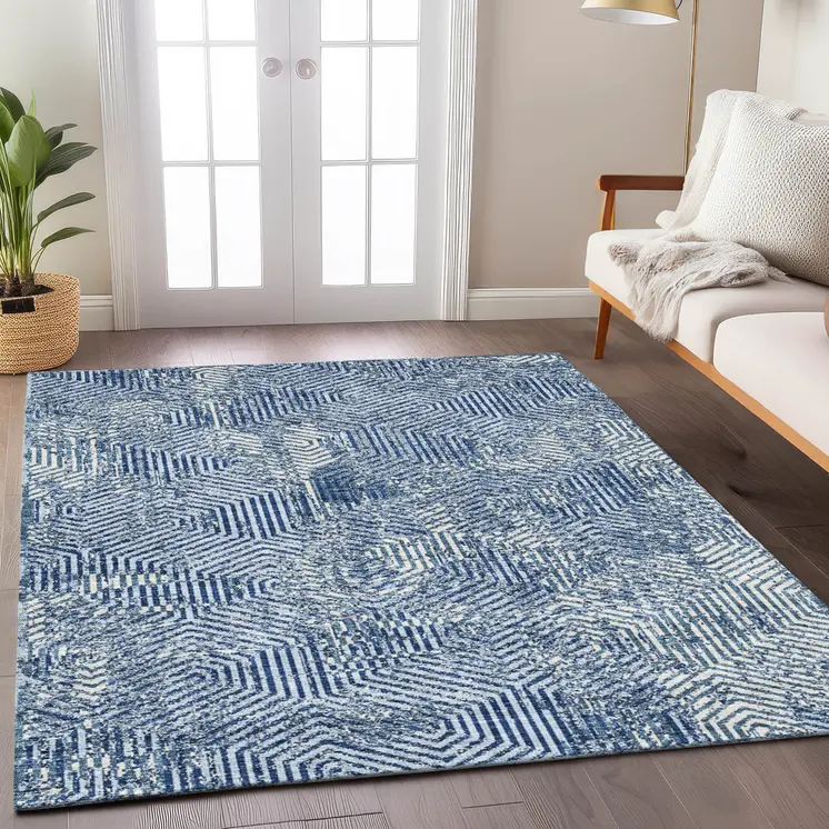 8' X 10' Navy Blue And Ivory Geometric Washable Indoor Outdoor Area Rug