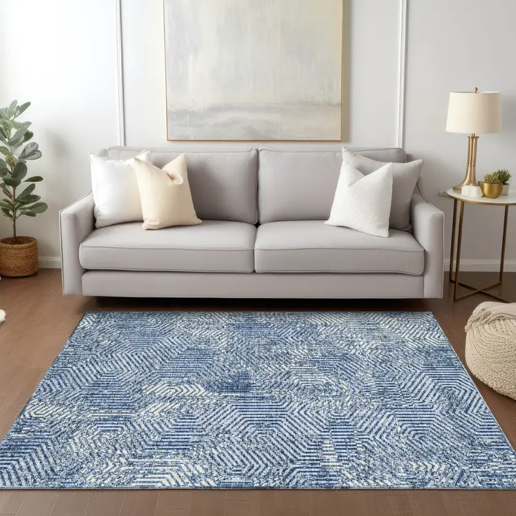 8' X 10' Navy Blue And Ivory Geometric Washable Indoor Outdoor Area Rug