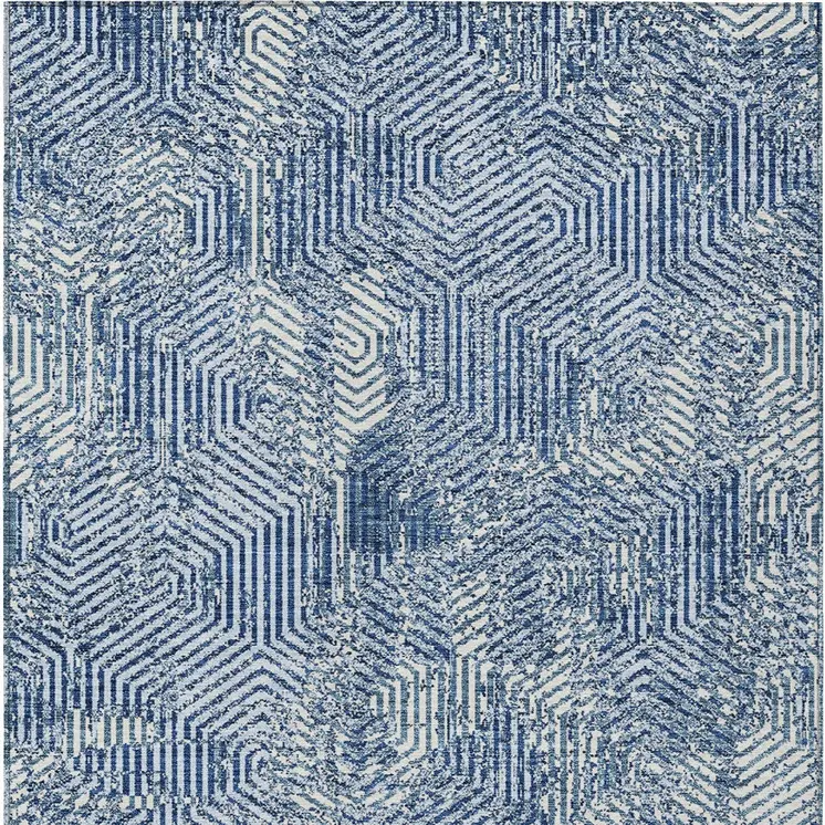 9' X 12' Navy Blue And Ivory Geometric Washable Indoor Outdoor Area Rug