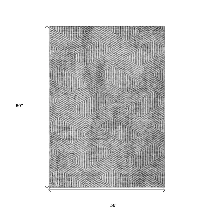 3' X 5' Silver And Gray Geometric Washable Indoor Outdoor Area Rug