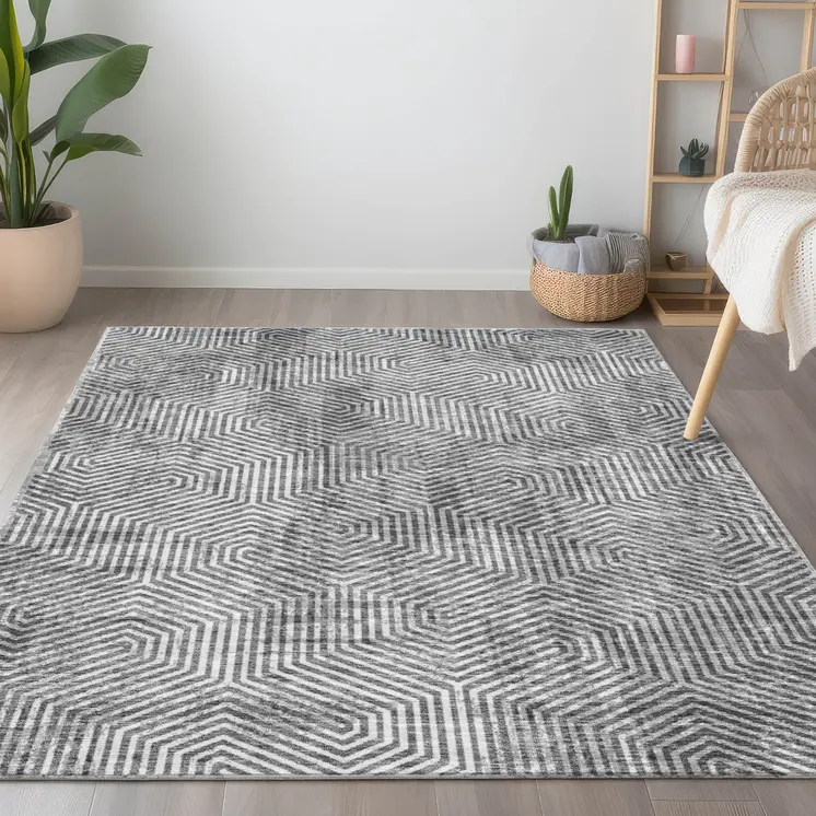 3' X 5' Silver And Gray Geometric Washable Indoor Outdoor Area Rug