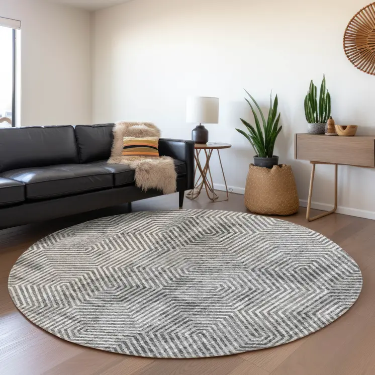 8' Silver And Gray Round Geometric Washable Indoor Outdoor Area Rug