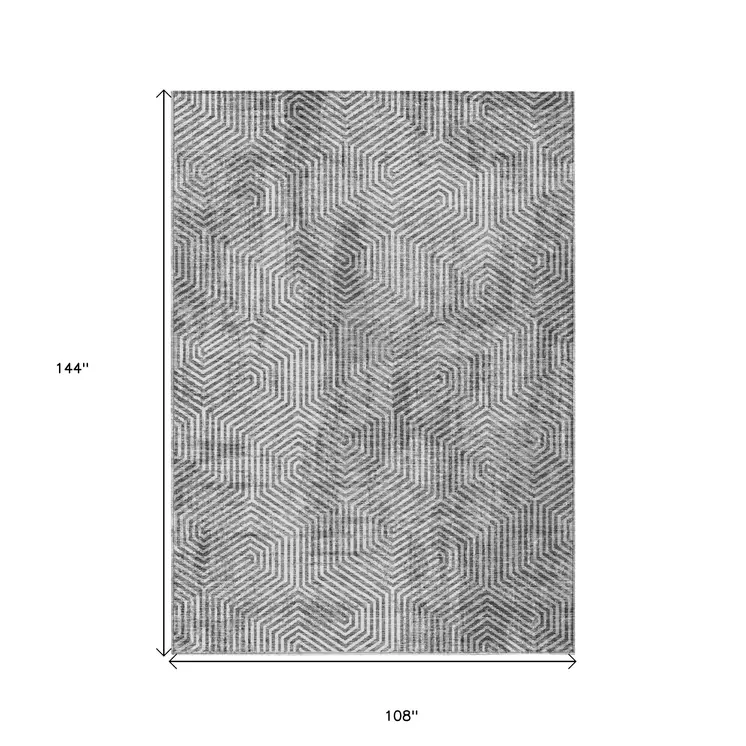9' X 12' Silver And Gray Geometric Washable Indoor Outdoor Area Rug