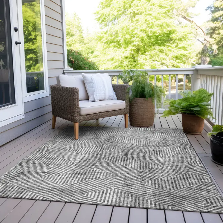 9' X 12' Silver And Gray Geometric Washable Indoor Outdoor Area Rug