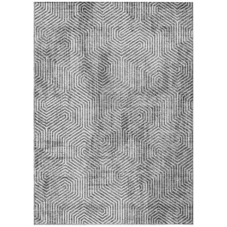 9' X 12' Silver And Gray Geometric Washable Indoor Outdoor Area Rug
