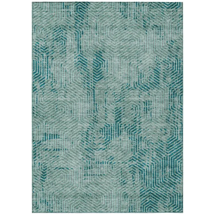8' X 10' Teal Blue And Gray Geometric Washable Indoor Outdoor Area Rug