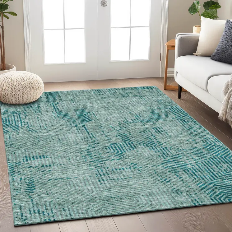 8' X 10' Teal Blue And Gray Geometric Washable Indoor Outdoor Area Rug
