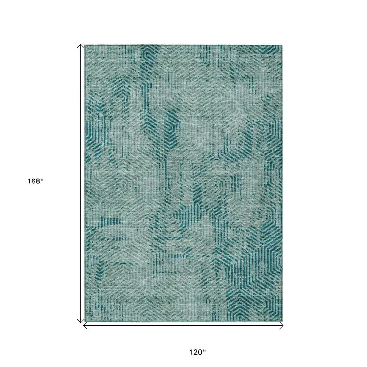 10' X 14' Teal Blue And Gray Geometric Washable Indoor Outdoor Area Rug