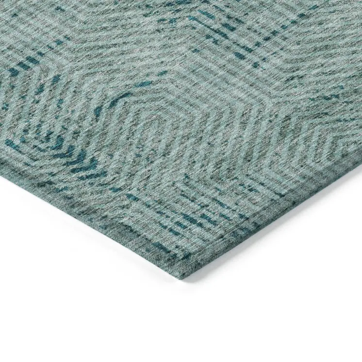 10' X 14' Teal Blue And Gray Geometric Washable Indoor Outdoor Area Rug