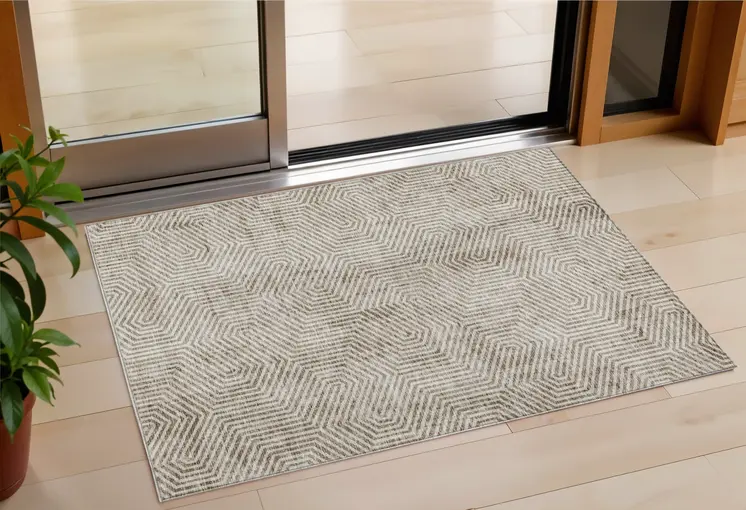 3' X 5' Taupe And Beige Geometric Washable Indoor Outdoor Area Rug