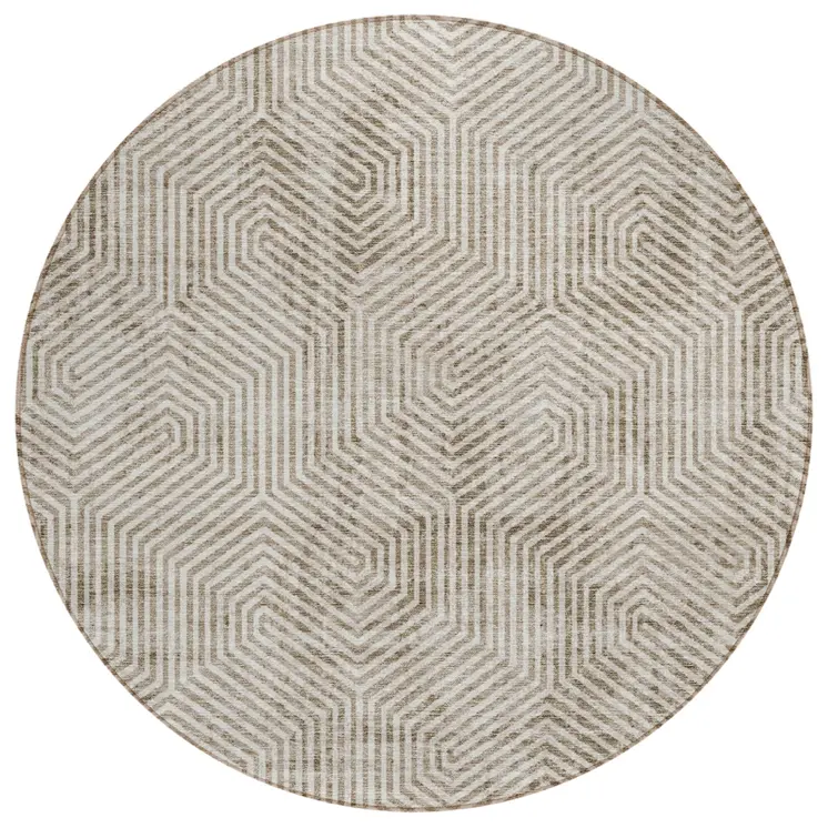 8' Taupe And Beige Round Geometric Washable Indoor Outdoor Area Rug