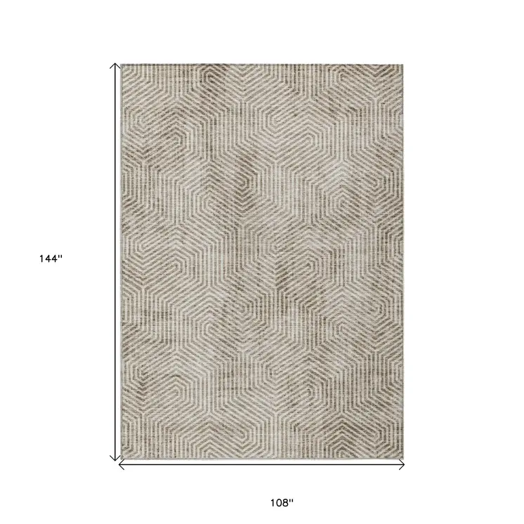 9' X 12' Taupe And Beige Geometric Washable Indoor Outdoor Area Rug