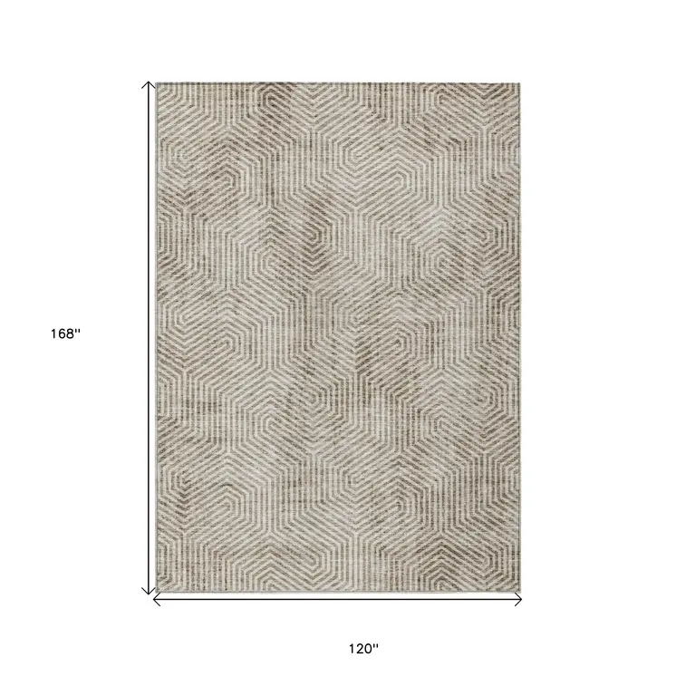 10' X 14' Taupe And Beige Geometric Washable Indoor Outdoor Area Rug