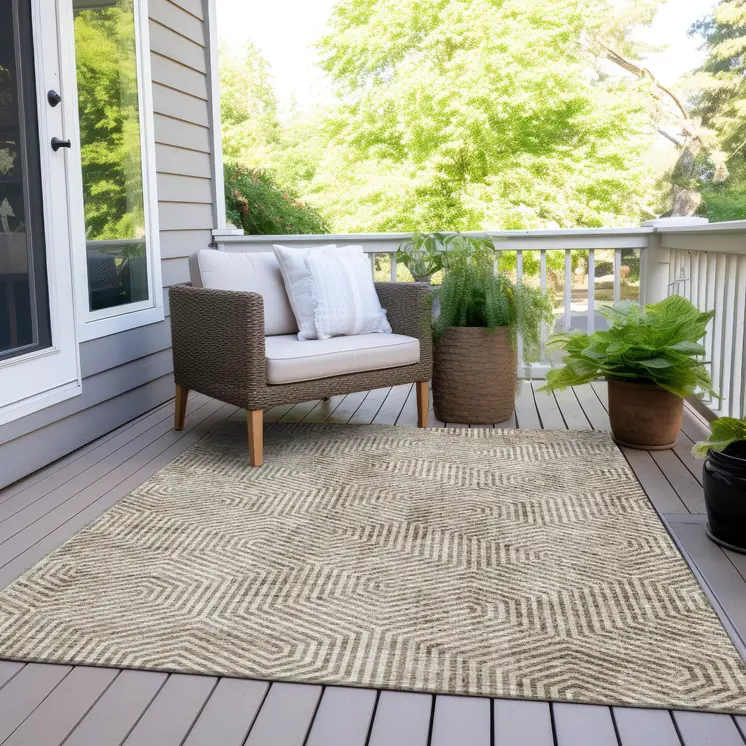 10' X 14' Taupe And Beige Geometric Washable Indoor Outdoor Area Rug