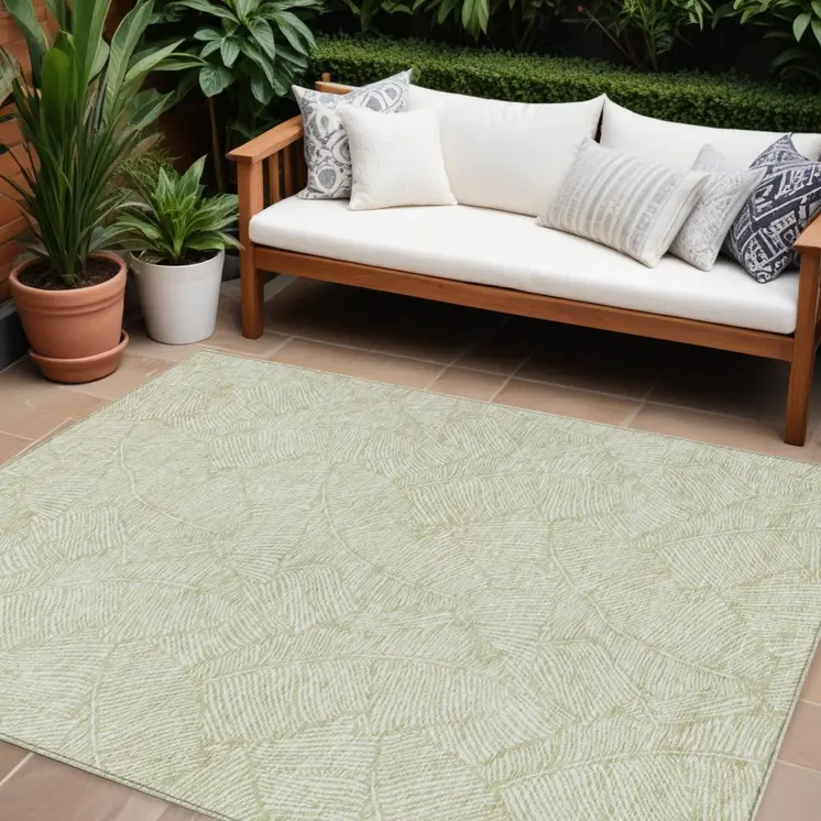10' X 14' Artichoke Green And Ivory Floral Washable Indoor Outdoor Area Rug