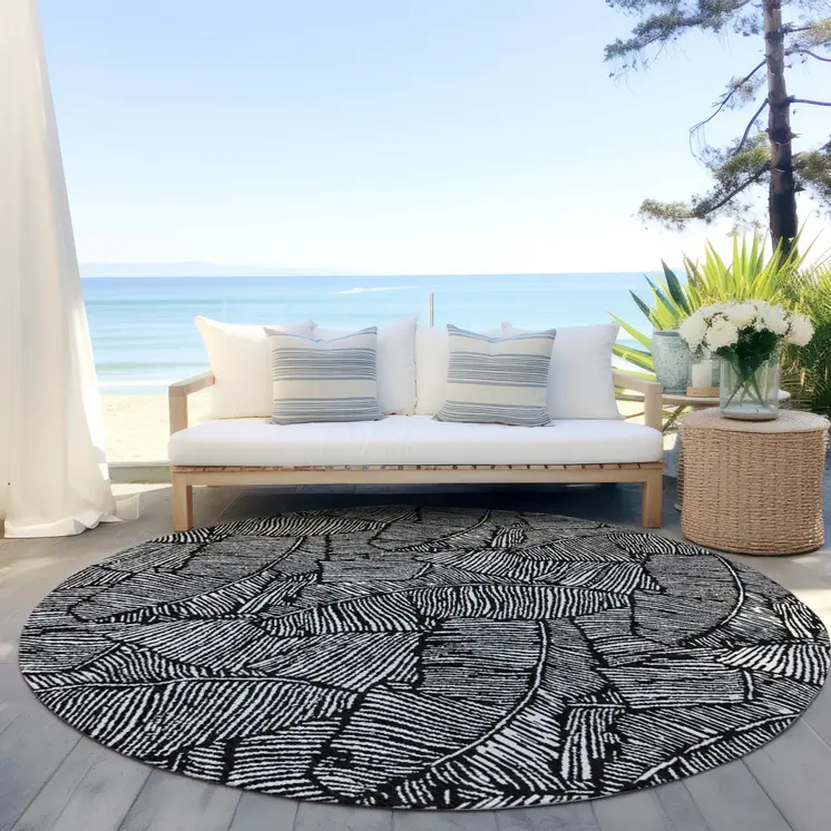 8' Black And Ivory Round Floral Washable Indoor Outdoor Area Rug